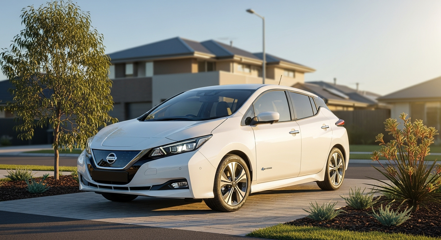 A white Nissan Leaf ZE1 parked in a modern Australian suburban driveway on a sunny morning.
